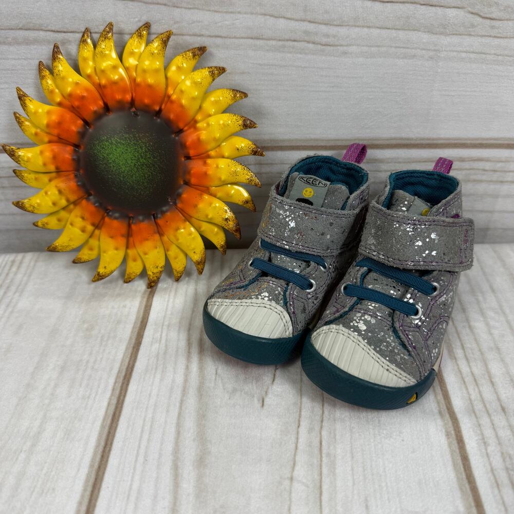 KEEN Kids Toddler Shoes Silver Sparkle Gray Purple Teal Hook Loop Sneakers 4